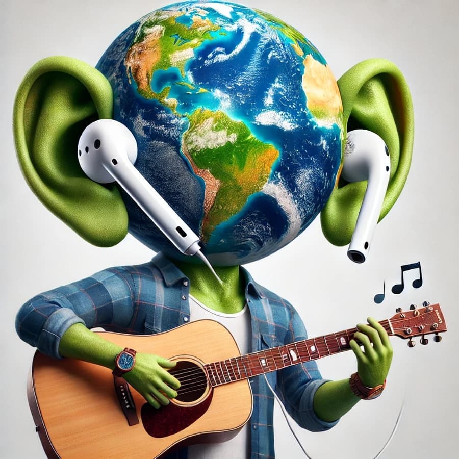 PlanetBYear mascot, an Earth-headed musician playing guitar by ear